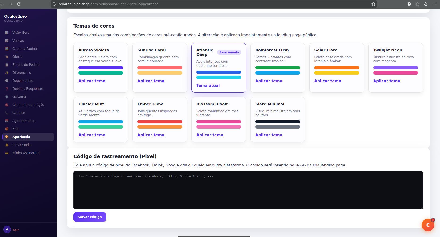 Temas de cores e codigo de pixel para rastreamento