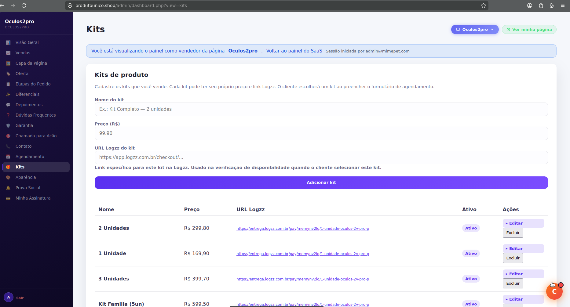 Gestao de kits de produto com precos e integracao Logzz